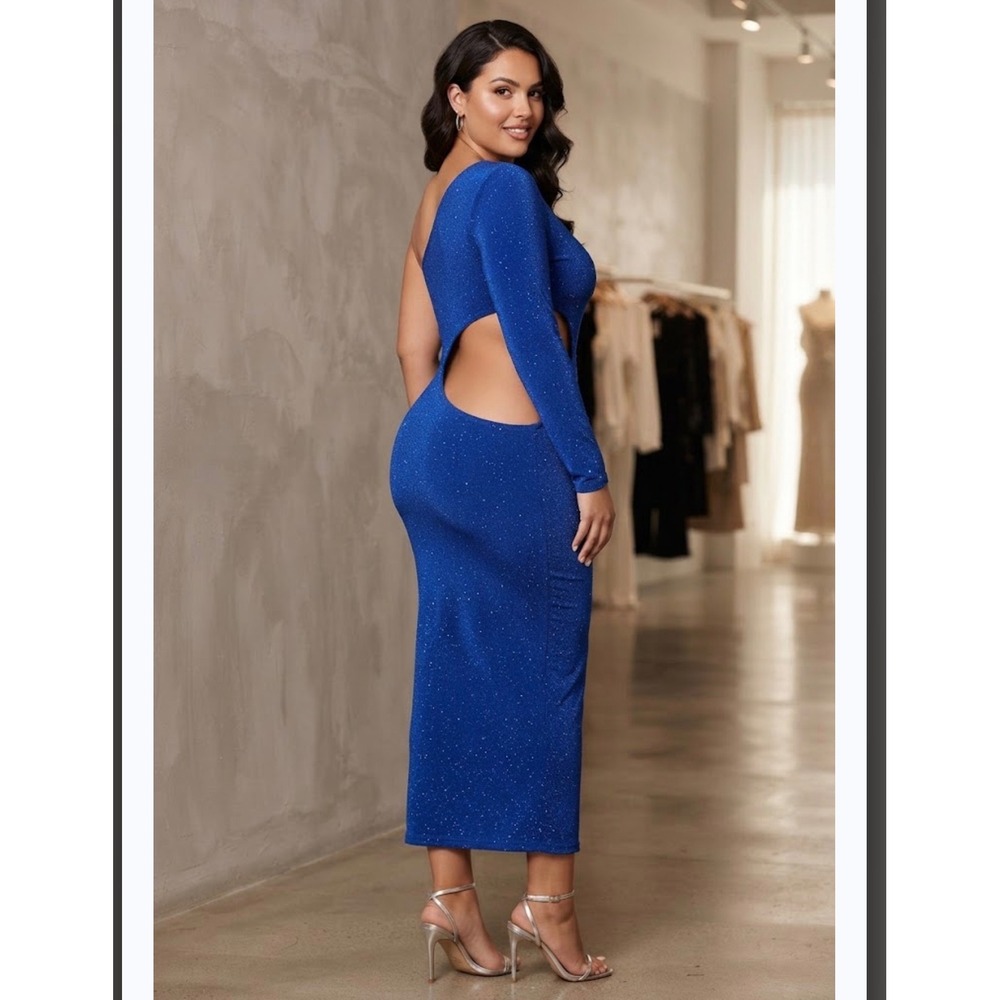 JLUXLABEL Shimmery Blue One Shoulder Cut Out Body Con Midi Sexy Dress Size Large